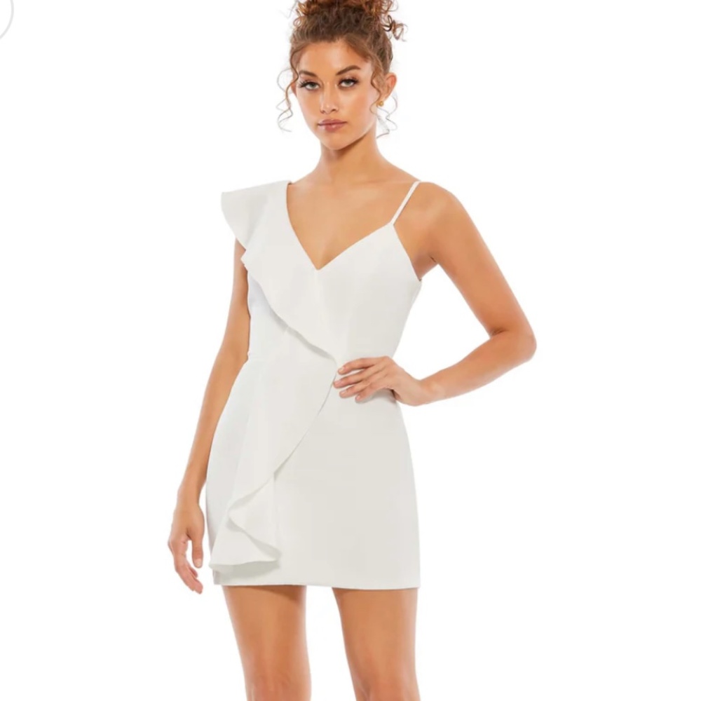 Mac Duggal White Asymmetrical Ruffle Mini Cocktail Dress BNWT